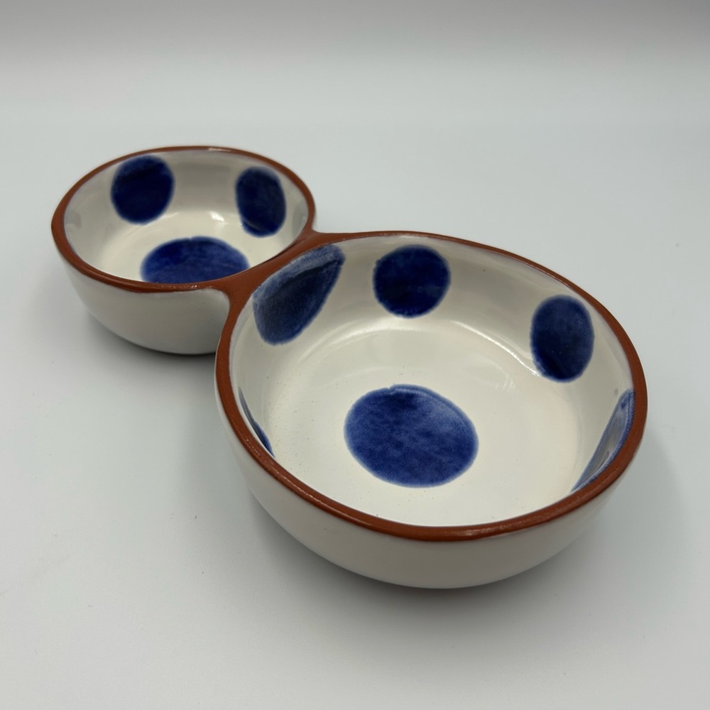 Val Du Sol Portugal 2-Section Pottery Dish Appetizers Tapas Blue Polka Dot